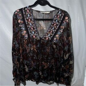 Zara Black and Blue floral embroidered Pleated Blouse